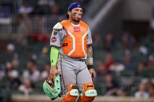 Jun 19, 2025; Atlanta, Georgia, USA; New York Mets catcher Francisco Alvarez (4) walks to the dugout against the Atlanta Braves in the eighth inning at Truist Park. Mandatory Credit: Brett Davis-Imagn Images/File Photo