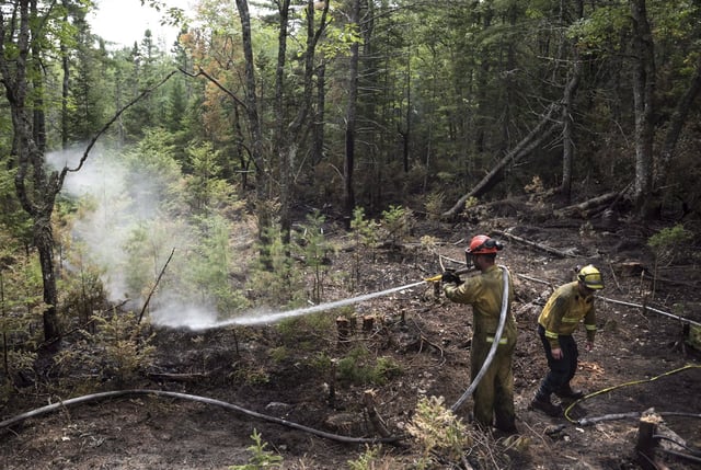Firefighters with the Department of Natural Resources fight the Seven Mile Lake forest fire in Maitland Bridge, N.S. on Thursday, August 11, 2016. THE CANADIAN PRESS/Darren Calabrese