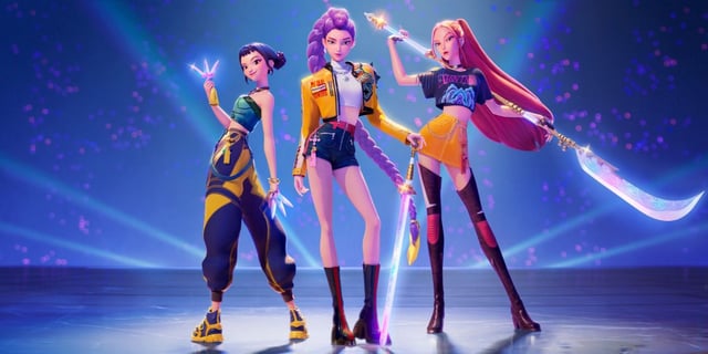 Rumi (Arden Cho), Mira (May Hong), and Zoey (Ji-young Yoo) posing in KPop Demon Hunters.
