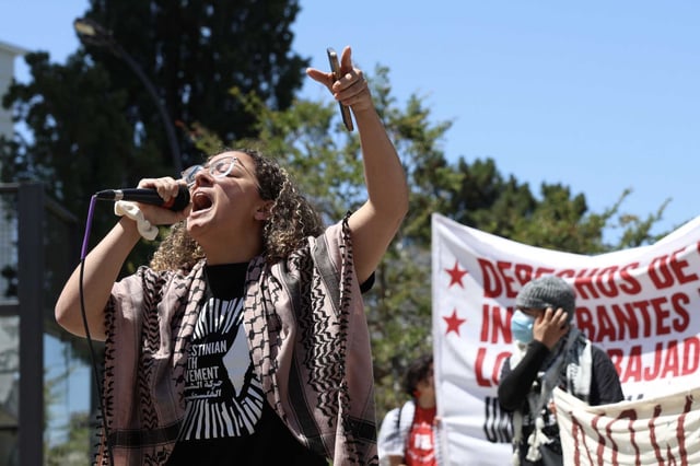 Demonstrators protest President Donald Trump’s decision to bomb Iranian nuclear facilities during a rally Sunday at Embarcadero Plaza in San Francisco.