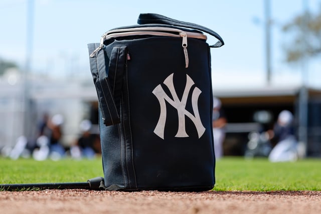 TAMPA, FLORIDA - MARCH 1: Detail view of the New York Yankees logo on an equipment bag prior to a spring training game against the Houston Astros at George M. Steinbrenner Field on March 1, 2025 in Tampa, Florida.