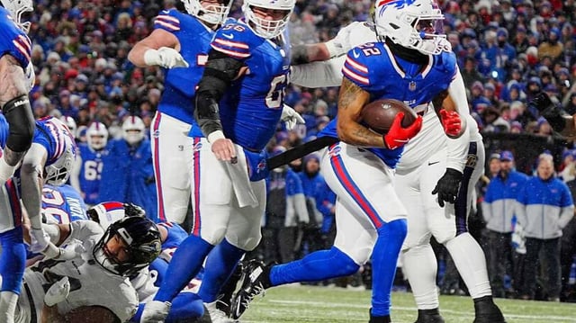 Buffalo Bills running back Ray Davis sneaks into the end zone for a touchdown during first half action during the Buffalo Bills divisional game against the Baltimore Ravens at Highmark Stadium in Orchard Park on Jan. 19, 2025.