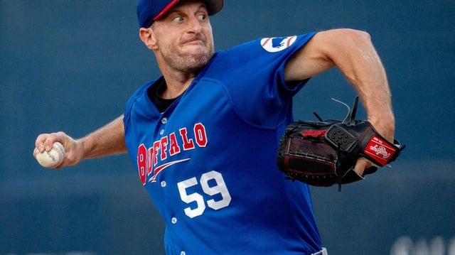 Buffalo’s Max Scherzer pitches in the first inning at Polar Park June 18.