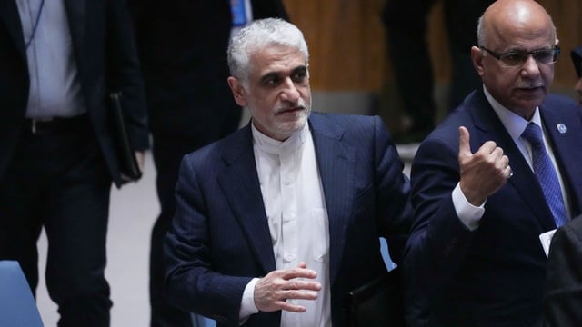 Iranian Permanent Representative to the UN Amir Saeid Iravani leaves a United Nations Security Council emergency meeting in New York on June 22, 2025, one day after US strikes on Iranian nuclear facilities.