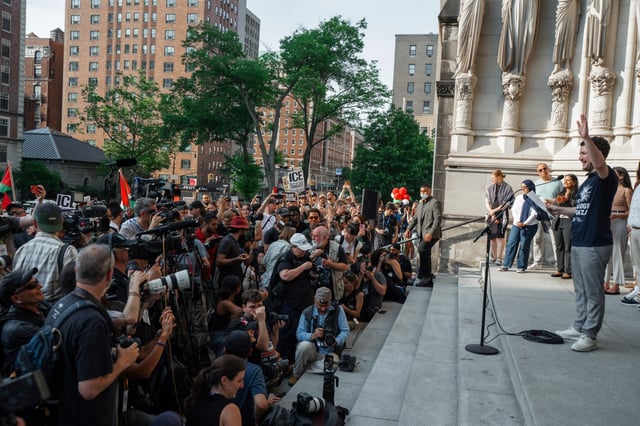 Pro-Palestinian activist Mahmoud Khalil greets supporters in upper Manhattan after his return from immigration detention, Sunday, June 22, 2025, in New York. (AP Photo/Olga Fedorova)