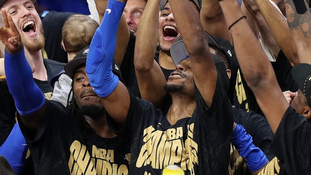 Shai Gilgeous-Alexander #2 of the Oklahoma City Thunder celebrates with the Bill Russell NBA Finals Most Valuable Player trophy after defeating the Indiana Pacers 103-91 in Game Seven of the 2025 NBA Finals at Paycom Center on June 22, 2025 in Oklahoma City, Oklahoma.
