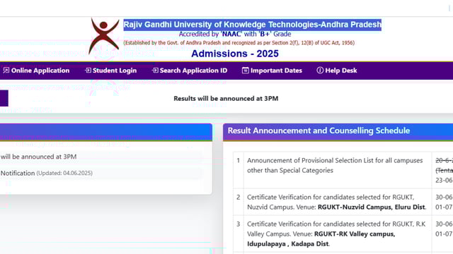 RGUKT admission 2025 merit list today at admissions25.rgukt.in