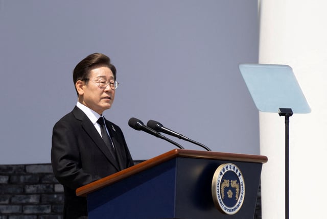 South Korean President Lee Jae-myung speaks during a ceremony to mark the 70th Memorial Day at the Seoul National Cemetery in Seoul, South Korea, 06 June 2025.      JEON HEON-KYUN/Pool via REUTERS/File Photo