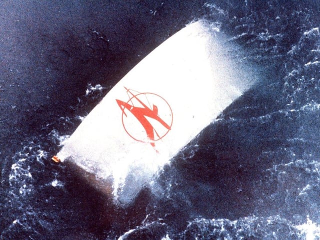A drifting piece of wreckage, carrying the Air India logo, is seen floating in the water, after the Air India Boeing 747 bombing off the Irish coast on June 23, 1985.