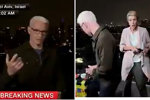 CNN&#39;s Anderson Cooper and chief international correspondent Clarissa Ward, with Jerusalem correspondent Jeremy Diamond out of shot, fled to a bomb shelter during a broadcast in Tel Aviv, Israel.