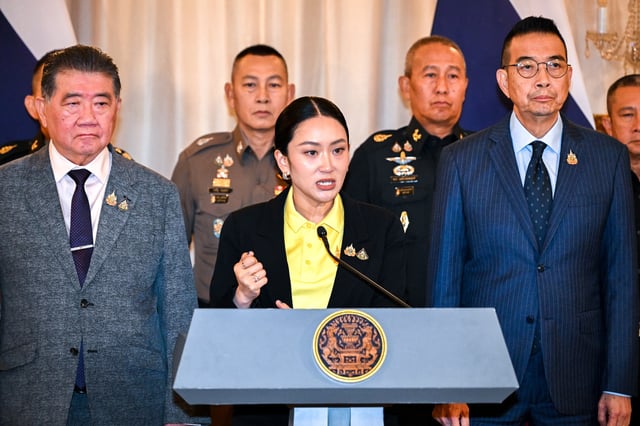 Thailand's Prime Minister Paetongtarn Shinawatra speaks during a press conference following a leak on Wednesday of a phone call between her and Cambodia's Hun Sen, the influential former premier of Cambodia, amid a border dispute between the two countries, at the Government House, in Bangkok, Thailand, June 19, 2025. REUTERS/Panumas Sanguanwong/File Photo