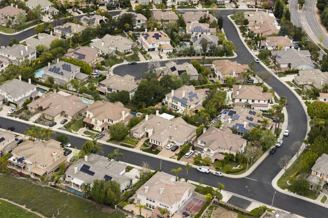 In an aerial view, single-family homes in a neighborhood in Thousand Oaks, California, on April 18, 2025.
