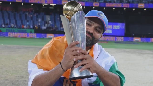Rohit Sharma celebrates with the ICC Champions Trophy | Image: AP