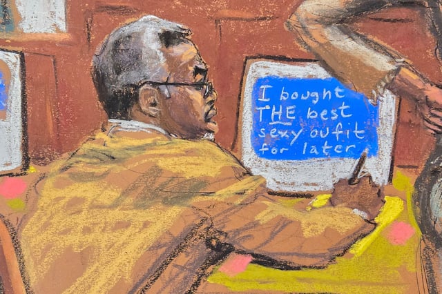 Sean "Diddy" Combs watches as his defense lawyer Teny Geragos cross examines witness Special Agent DeLeassa Penland during Combs' sex trafficking trial in New York City, New York, U.S., June 17, 2025 in this courtroom sketch. REUTERS/Jane Rosenberg/File Photo