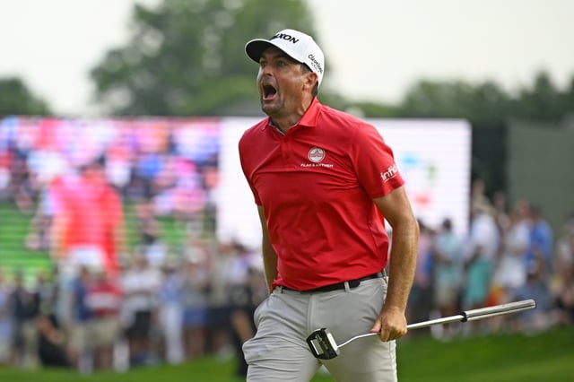 CROMWELL, CONNECTICUT - JUNE 22: Keegan Bradley of the United States reacts to his birdie putt on the 18th green during the final round of the Travelers Championship 2025 at TPC River Highlands on June 22, 2025 in Cromwell, Connecticut. (Photo by Alex Goodlett/Getty Images)