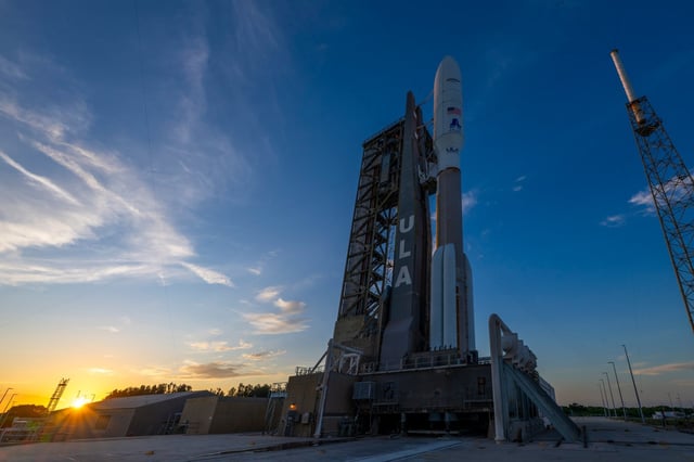 A United Launch Alliance  Atlas V rocket sits on Space Launch Complex 41 (SLC-41) at Cape Canaveral at sunset on Saturday. The Atlas V will launch the Kuiper 2 mission for Amazon&#39;s Project Kuiper broadband satellite constellation targeting Monday liftoff. (Courtesy/ULA)
