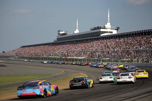 A general view of racing during the NASCAR Cup Series The Great American Getaway 400 at Pocono Raceway on June 22, 2025 in Long Pond, Pennsylvania.
