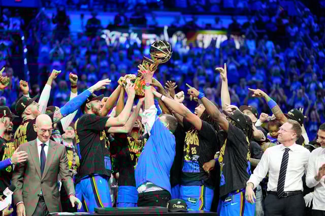 Jun 22, 2025; Oklahoma City, Oklahoma, USA; The Oklahoma City Thunder lift the Larry O'Brien Championship Trophy as they celebrate after winning game seven of the 2025 NBA Finals against the Indiana Pacers at Paycom Center. Mandatory Credit: Kyle Terada-Imagn Images
