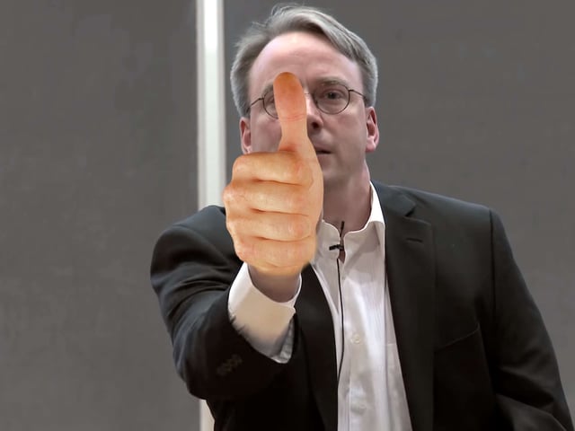 Linus Torvalds with a super-imposed thumbs up