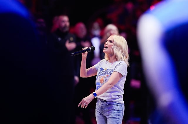 Kristin Chenoweth sings the national anthem before game seven of the 2025 NBA Finals at Paycom Center, June 22, 2025, Oklahoma City.