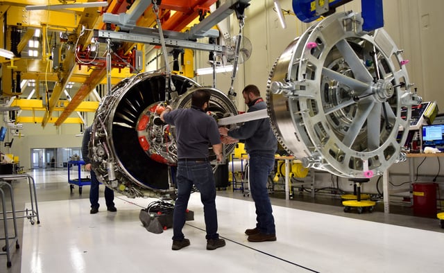 Technicians build LEAP engines for jetliners at a new, highly automated General Electric (GE) factory in Lafayette, Indiana, U.S. on March 29, 2017. REUTERS/Alwyn Scott/File Photo