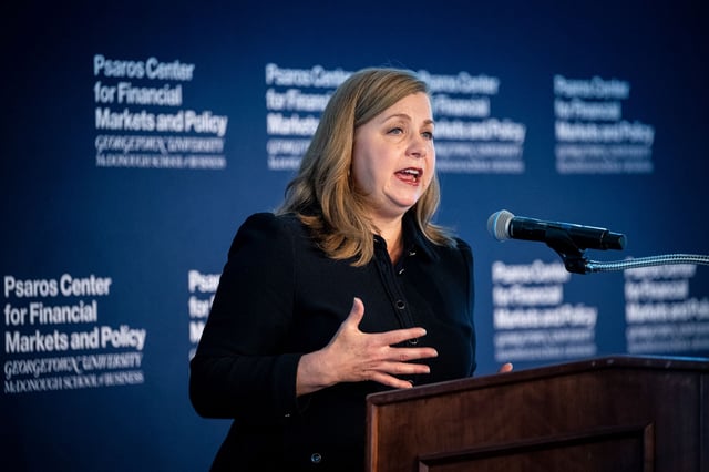 Michelle Bowman speaks at Georgetown University in Washington, DC, on June 6.
