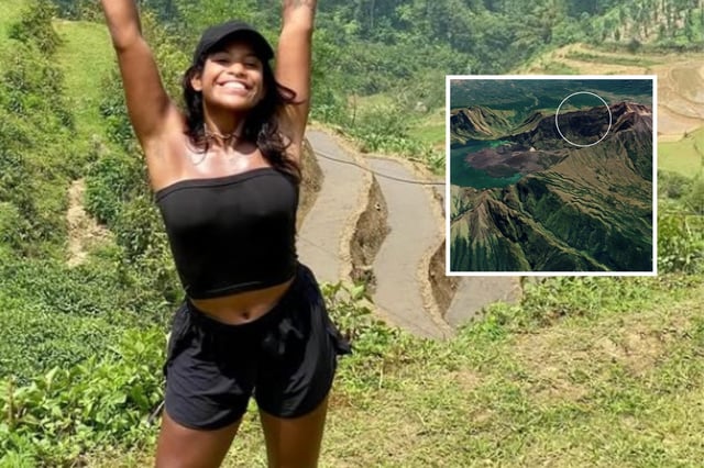 A woman idetified by Brazilian media as Juliana Marins fell down a cliff (circled inset) from a hiking trail on Mount Rinjani in Indonesia.