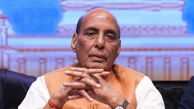 Defence minister Rajnath Singh during the release of the second volume of 'Wings to Our Hopes' and its Hindi version 'Ashaon Ki Udaan', collections of selected speeches by President Droupadi Murmu, at the Rashtrapati Bhavan Cultural Centre, in Delhi, on Monday. (PTI)