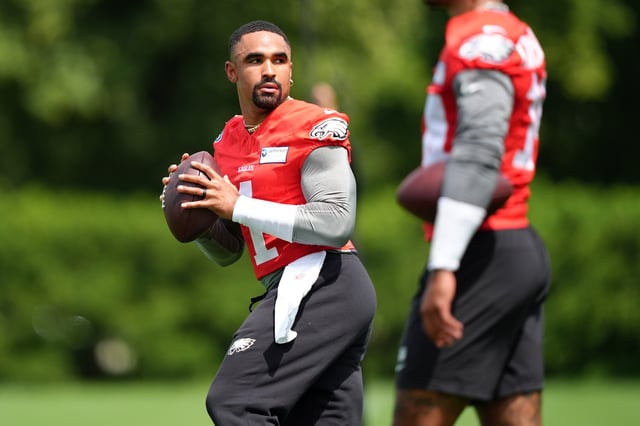 Jun 10, 2025; Philadelphia, PA, USA; Philadelphia Eagles quarterback Jalen Hurts (1) performs a practice drill at NovaCare Complex. Mandatory Credit: Kyle Ross-Imagn Images