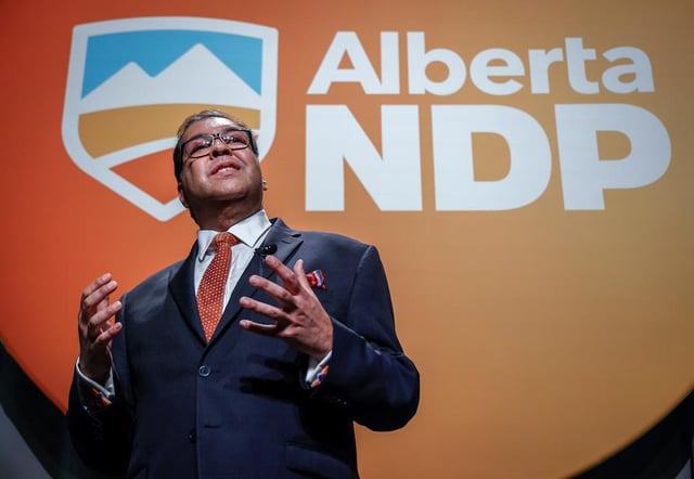 Naheed Nenshi delivers his acceptance speech after being named as the new leader of the Alberta NDP in Calgary, Saturday, June 22, 2024.