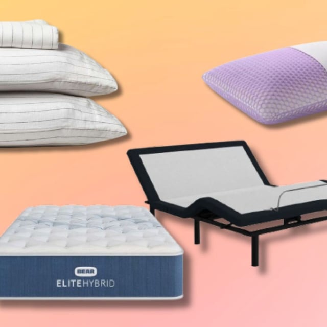 a set of linen sheets, a bear mattress with adjustable base, and a Purple pillow on an orange background