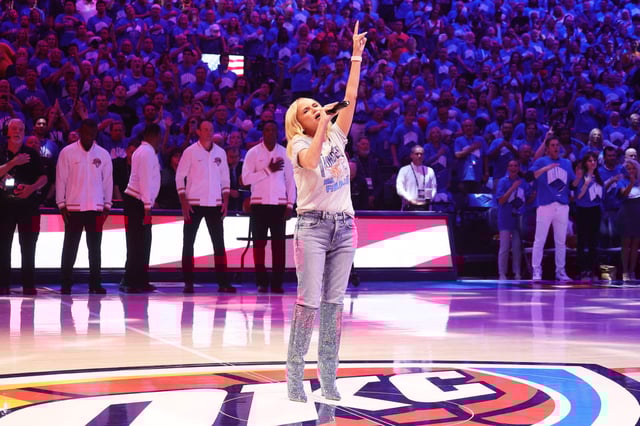 Kristin Chenoweth sings the national anthem before the Indiana Pacers and the Oklahoma City Thunder played in Game 7 of the 2025 NBA Finals on June 22, 2025, at Paycom Center in Oklahoma City.