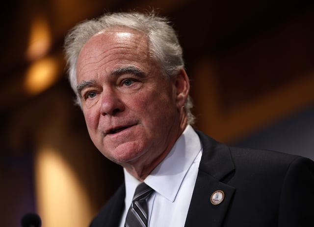 U.S. Sen. Tim Kaine (D-VA) speaks at a press conference at the U.S. Capitol on April 02, 2025 in Washington, DC.