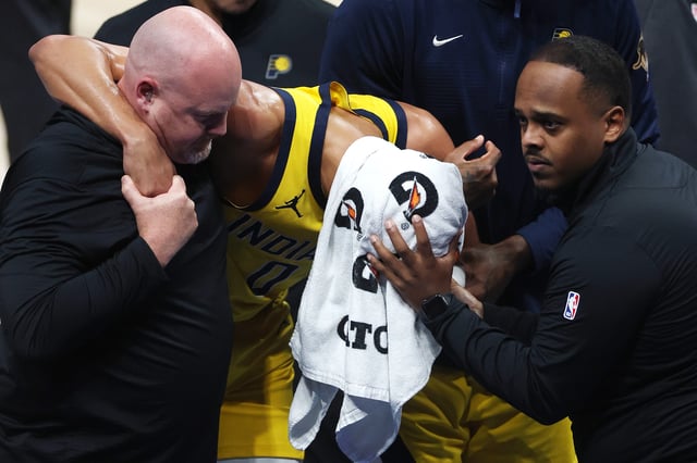 Tyrese Haliburton #0 of the Indiana Pacers sustains an injury during the first quarter against the Oklahoma City Thunder in Game Seven of the 2025 NBA Finals at Paycom Center on June 22, 2025 in Oklahoma City, Oklahoma.