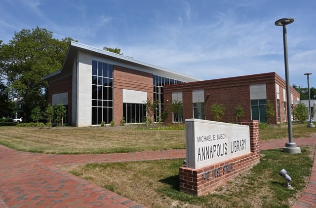 Gov. Larry Hogan, Speaker of the House of Delegates Adrienne Jones, (virtually) and Anne Arundel County Public Library CEO Skip Auld reopened the new Michael E. Busch Annapolis Library Wednesday. The $24 million facility is the first new library in 16 years.