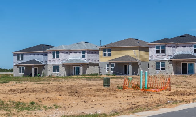 Wide angle view of multiple homes under construction in Davenport, Florida, on April 13, 2024.