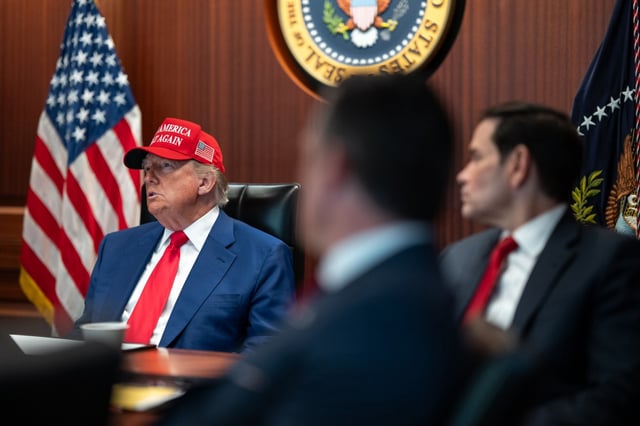 WASHINGTON, DC - JUNE 21: (EDITOR&#39;S NOTE: This Handout image was provided by a third-party organization and may not adhere to Getty Images&#39; editorial policy.) In this handout provided by the White House, U.S. President Donald Trump (L), Defense Secretary Pete Hegseth (C) and Secretary of State Marco Rubio sit in the Situation Room as they monitor the mission that took out three Iranian nuclear enrichment sites, at the White House on June 21, 2025 in Washington, DC. According to the Pentagon three of Iran’s nuclear sites sustained “severe damage” from the U.S. strikes.  (Photo by Daniel Torok/The White House via Getty Images)