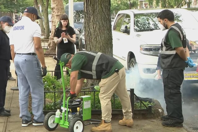 New York City Mayor Eric Adams participates in a demonstration of a new strategy to kill rats in Brooklyn on June 22, 2025.