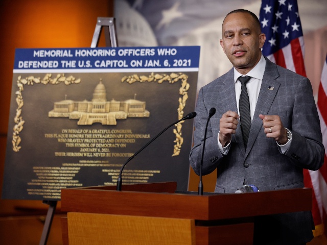 House Minority Leader Hakeem Jeffries (D-NY) talks to reporters during his weekly news conference at the U.S. Capitol Visitors Center on May 16, 2024 in Washington, DC. During the annual "Police Week" in Washington, Jeffries encouraged House Republican leaders to move ahead with installing a memorial plaque honoring law enforcement officers who defended the U.S. Capitol during the January 6, 2021 attack on the Capitol by a pro-Trump mob. (Chip Somodevilla/Getty)