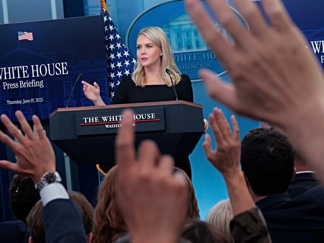 WASHINGTON, DC - JUNE 19: White House Press Secretary Karoline Leavitt calls on reporters during a news conference in the Brady Press Briefing Room at the White House on June 19, 2025 in Washington, DC. Leavitt announced that President Donald Trump will make a decision on whether the United States will get directly involved in the conflict between Israel and Iran in the next two weeks. (Photo by Chip Somodevilla/Getty Images)