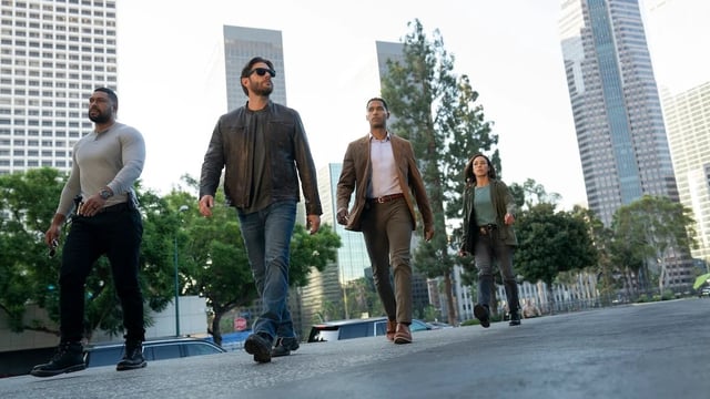 Uli Latukefu, Jensen Ackles, Elliot Knight and Jessica Camacho in "Countdown." (Elizabeth Morris/Prime Video)