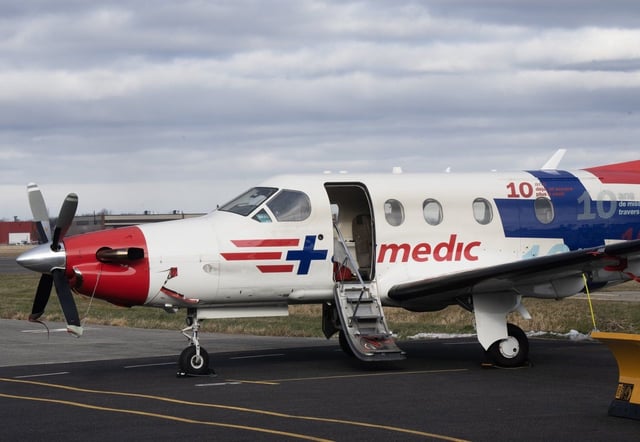 FILE- An Airmedic medical transport plane on Tuesday, November 28, 2023 in Saint-Hubert.