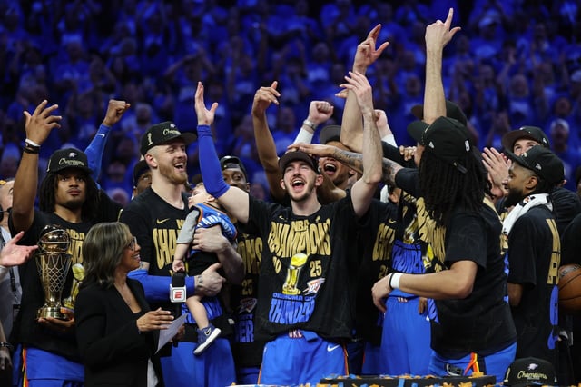 OKLAHOMA CITY, OKLAHOMA - JUNE 22:  Chet Holmgren #7 of the Oklahoma City Thunder celebrates after defeating the Indiana Pacers 103-91 in Game Seven of the 2025 NBA Finals at Paycom Center on June 22, 2025 in Oklahoma City, Oklahoma. NOTE TO USER: User expressly acknowledges and agrees that, by downloading and or using this photograph, User is consenting to the terms and conditions of the Getty Images License Agreement. (Photo by Matthew Stockman/Getty Images)