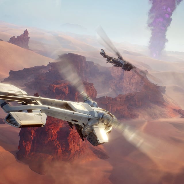 Dune Awakening art - two ornithopters over the desert