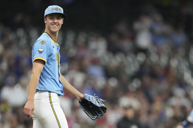 MILWAUKEE, WISCONSIN - JUNE 12: Jacob Misiorowski #33 of the Milwaukee Brewers reacts after his first MLB strikeout against the St. Louis Cardinals during the second inning of his MLB debut at American Family Field on June 12, 2025 in Milwaukee, Wisconsin.