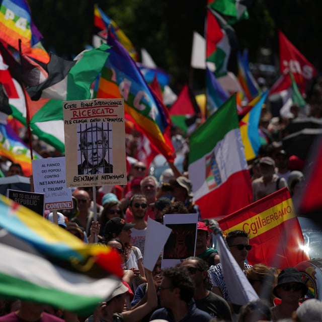 Protesters at a march in Rome on Saturday. EU foreign policy chief Kaja Kallas presented a review of Israel’s compliance with a key human rights agreement in Brussels on Monday.