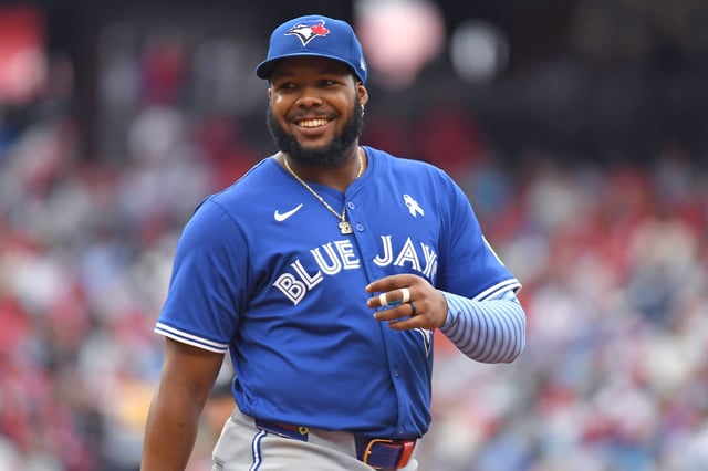 Jun 15, 2025; Philadelphia, Pennsylvania, USA;Toronto Blue Jays first base Vladimir Guerrero Jr. (27) during game against the Philadelphia Phillies at Citizens Bank Park. Mandatory Credit: Eric Hartline-Imagn Images/File Photo