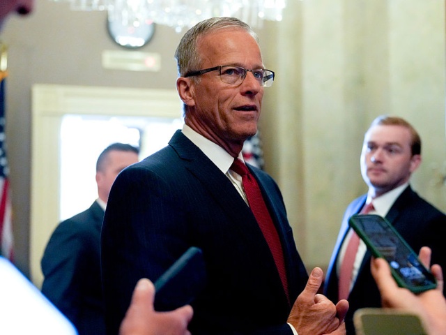 Senate Majority Leader John Thune, a Republican from South Dakota, speaks to members of the media outside his office at the US Capitol in Washington, DC, US, on Thursday, June 5, 2025. US House Speaker Mike Johnson said he is fighting to maintain the new $40,000 cap on state and local deductions in the draft tax bill now before the Senate, where Republicans are seeking to enact a less generous break. Photographer: Eric Lee/Bloomberg via Getty Images