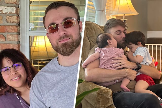 Composite image. LEFT: Adrian Clouatre takes a selfie of himself and his wife Paola, on May 26, 2024 in Baton Rouge, La. (Adrian Clouatre via AP)
RIGHT: U.S. Marine Corps veteran Adrian Clouatre holds his 3-month-old daughter Lyn and his nearly two old son Noah at their home in Baton Rouge, La. on Tuesday, June 17, 2025. (AP Photo/Stephen Smith)