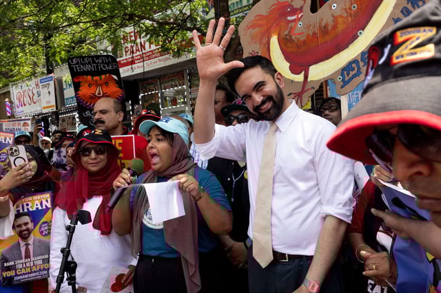 New York City mayoral candidate Zohran Mamdani attends a campaign rally, calling for the full enforcement of the city's Sanctuary City laws, on June 21, 2025, in Diversity Square in the Jackson Heights neighborhood of the borough of Queens, New York City.
